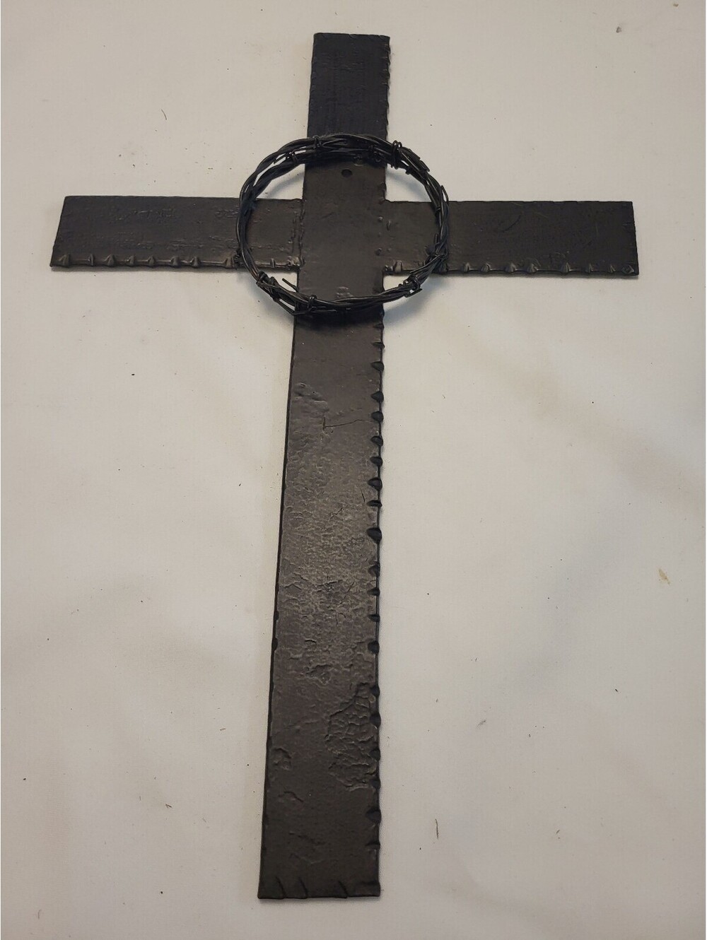 Handmade Black Metal Wall Cross with Woven Ring Accent 18x12